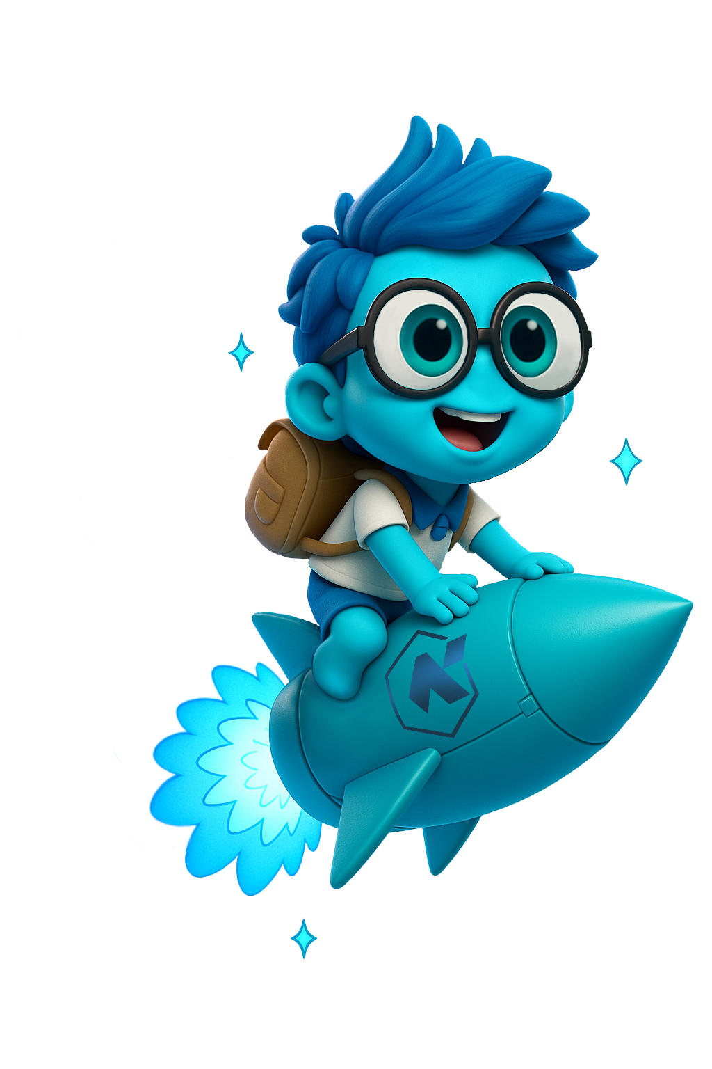 Niko, mascote da NEKI, pilotando um foguete